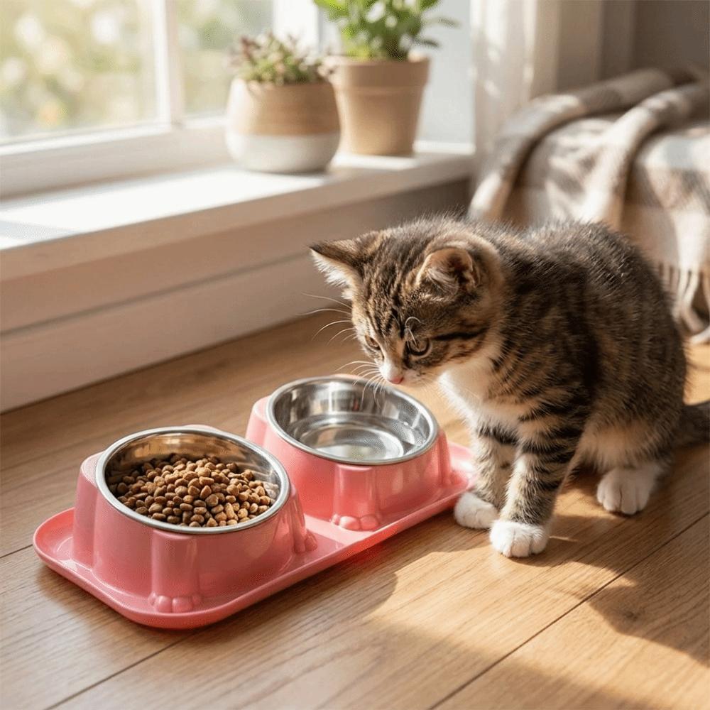 Oblique Mouth Stainless Steel Pet Bowl Anti-Overturning Double Pet Bowl  Puppy Feeding