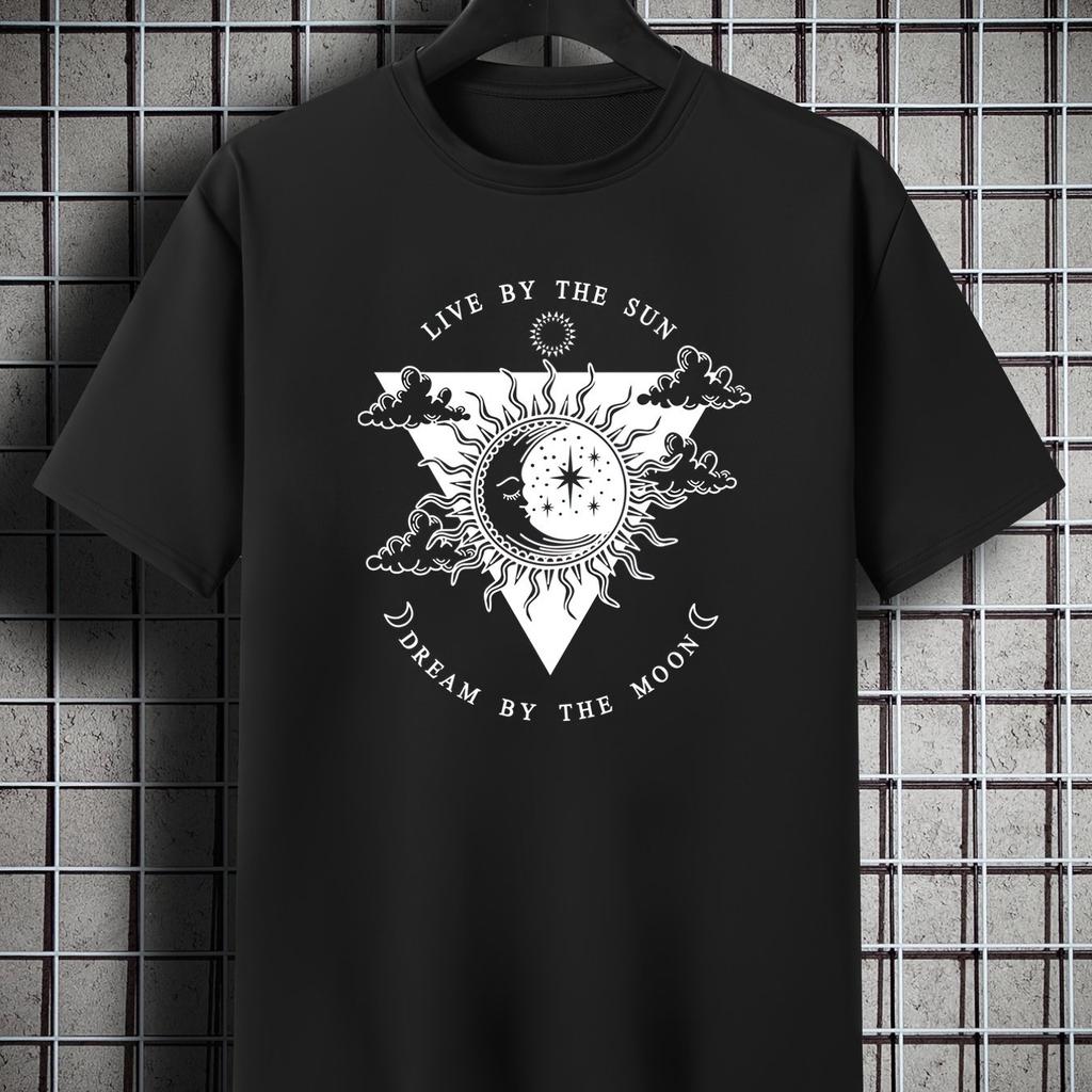 Live By The Sun Dream By The Moon Graphic Mens Cotton TShirt Casual Oversized Crew Neck Tee