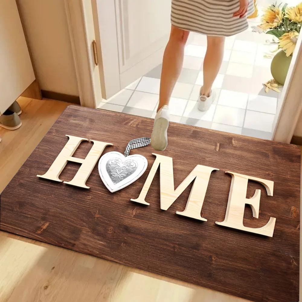 HOME Letter Print Door Mat Brown Retro Wood Grain Print Non-slip Entryway Rug Absorbent Mat Home Decor Rug for Front Door Porch
