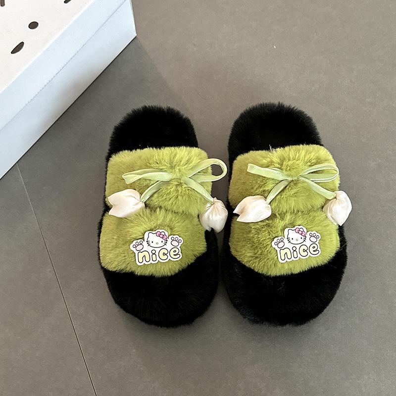 Cute Cartoon Tulip One-word Fluffy Slippers Women's Wear Autumn and Winter Fashion Casual Platform Cotton Slippers Single Shoes