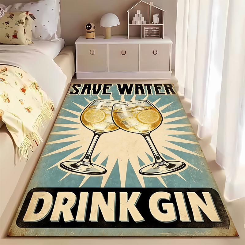 Retro Style Rug with "Save Water Drink Gin" Print, Gin Glass Design Suitable for Use As an Anti-slip for Living Room Bedroom Sofas