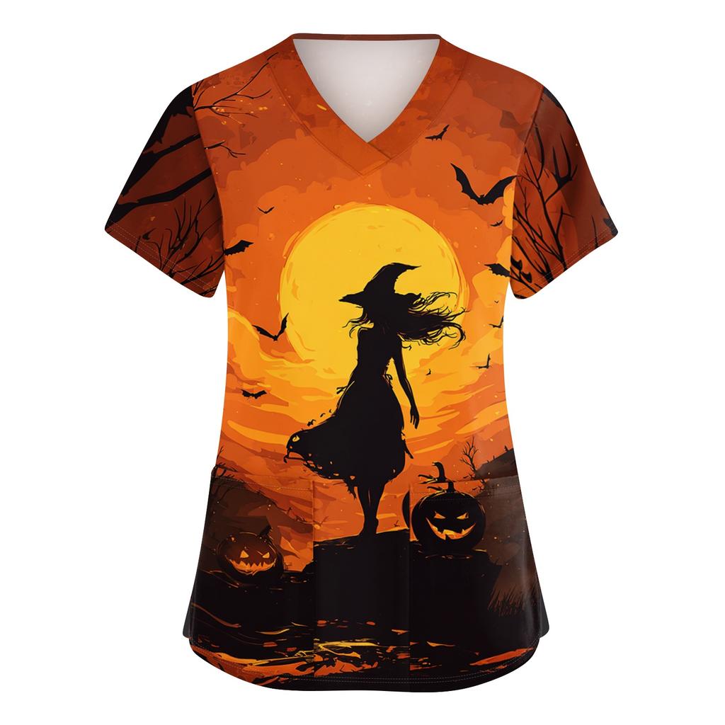 Women V Neck Short Sleeve Work Top with Side Slits and Pockets Halloween Pumpkin Print Shirt Suitable for Professional Use and Casual Wear