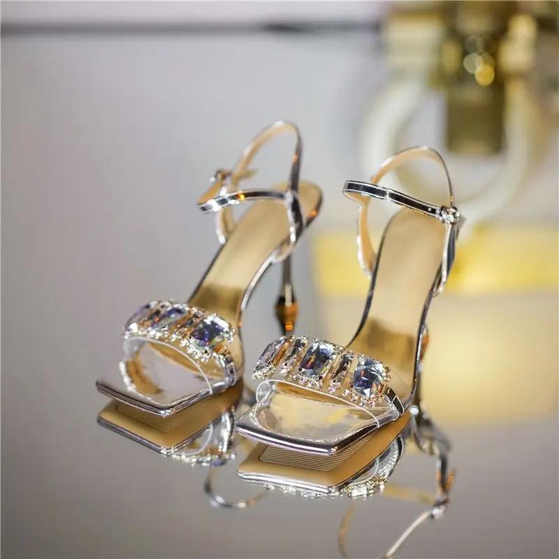 Fashion Sexy Open Toe Ladies Shoes Rhinestones Sandals for Women Silver Footwear High Heels One Word Summer 2024 with Strap Comfort F H