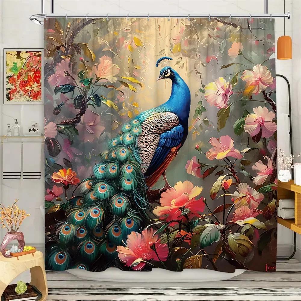 Peacock Shower Curtain Tropical Plant Flower Leaf Landscape Vintage Oil Painting Elegant Polyester Fabric Bathroom Decor Curta