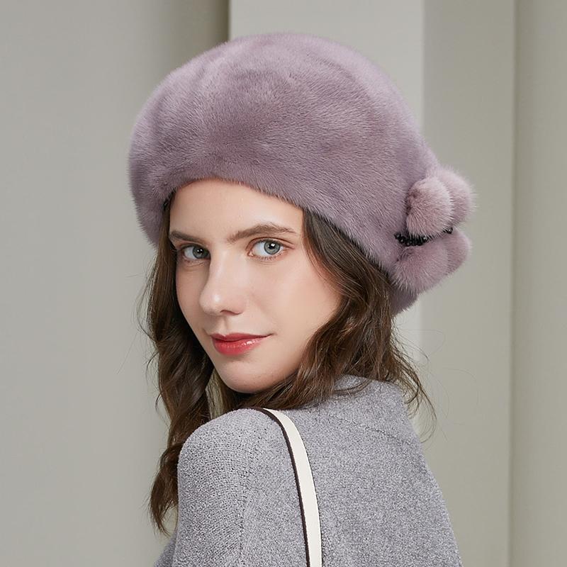 Mink Fur Winter Hats Women Real Mink Fur Berets Warm Genuine Fur Caps With Flower New Female Hat