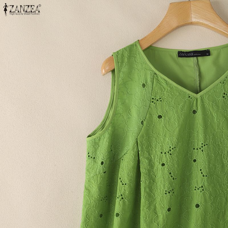 ZANZEA Women Casual V-Neck Sleeveless Lace Crochet Patchwork Tank Tops