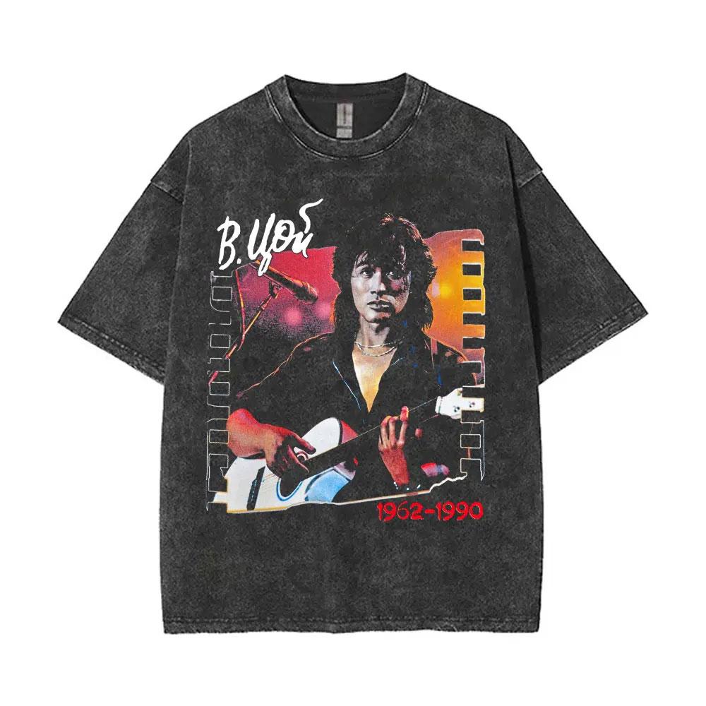 Viktor Tsoi Kino Nacht Vintage Gewaschene T-Shirts Klassische Russische Rock Gothic T-Shirts Herren Damen Lässig Polyester Übergroßes T-Shirt
