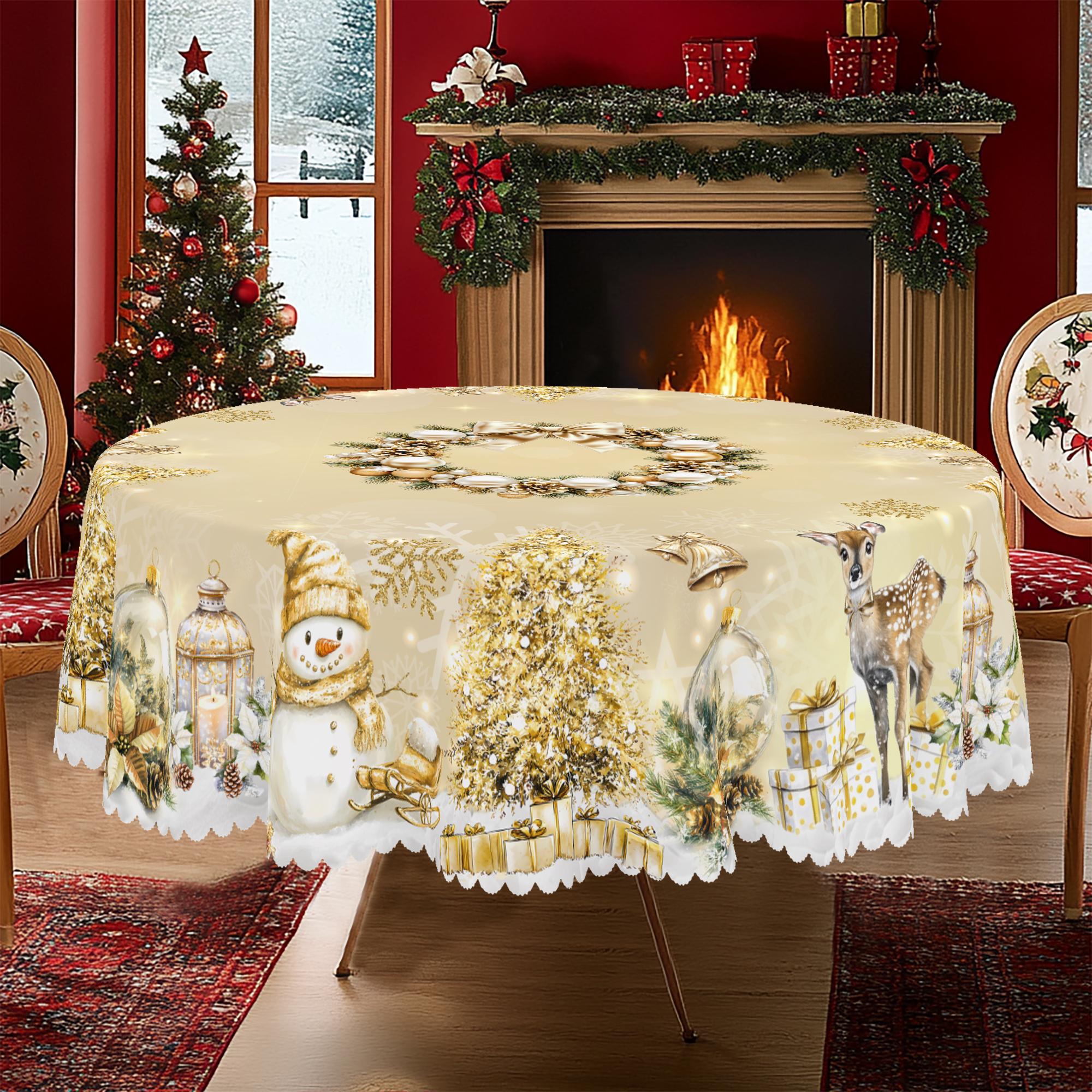 

1 Piece Of Merry Christmas Themed Gold Printed Tablecloth, Featuring Snowmen, Reindeer, Christmas Trees, And Wreath Designs, Suitable For Christmas, N Round(152)Cm
