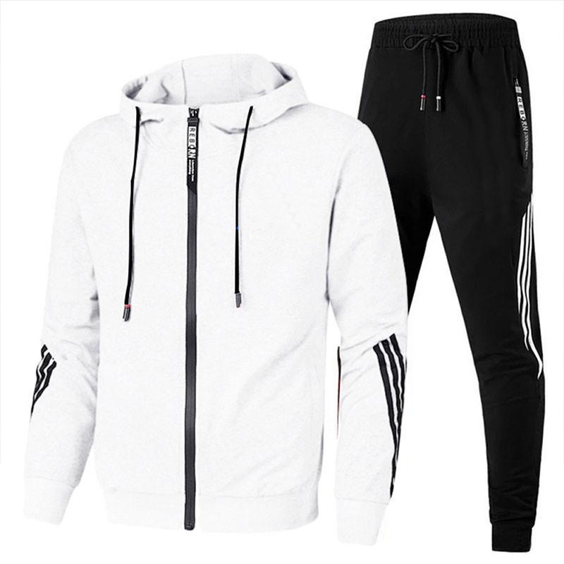 Men s Hooded Zipper Sportswear 3-stripe Sports Shirt Jogging Pants Casual Running Two-piece Set S