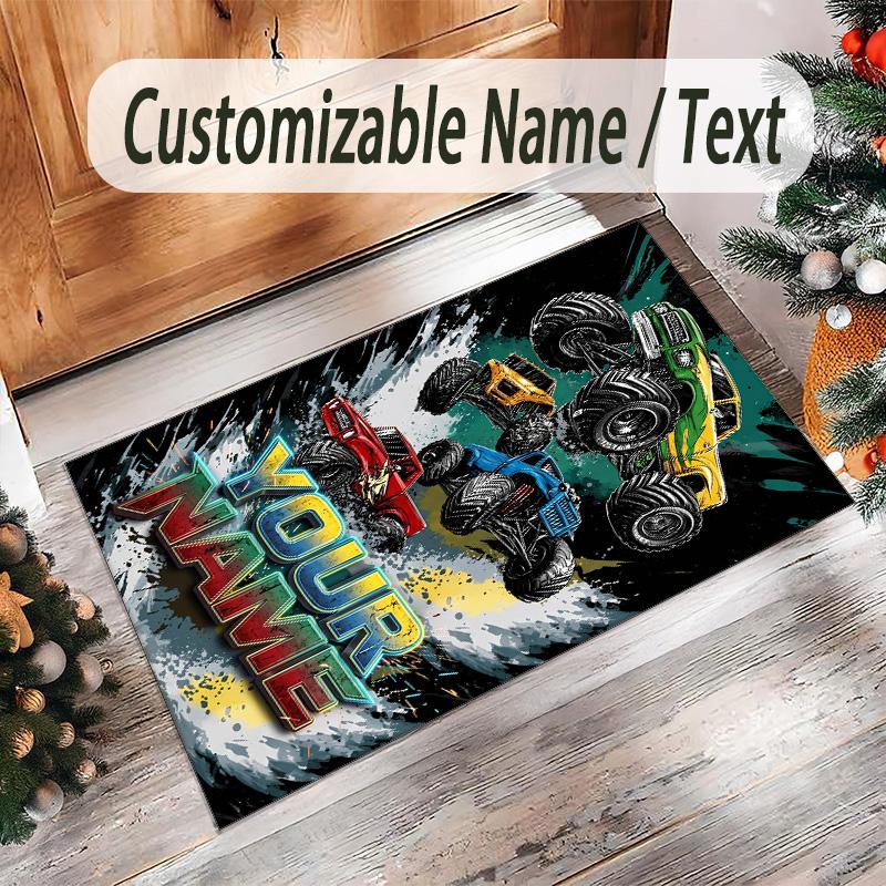 Monster Truck Theme Crystal Velvet Rug Personalized Custom Name Text Soft Floor Mat Home Decor