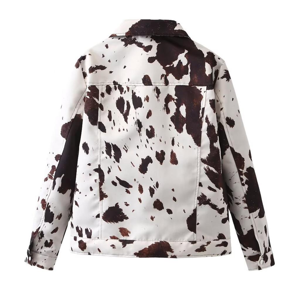 Cross-border European and American autumn women's clothing popular lapel print shirt long-sleeved short jacket