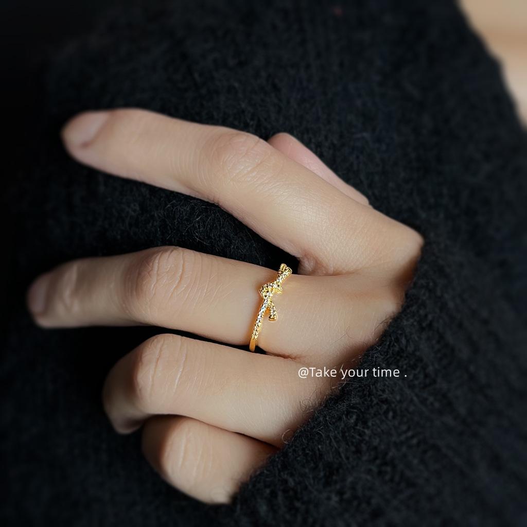 Micro-set Zircon Electroplated 18K Real Gold Knot Ring, Commuter Simple Ring, Index Finger Ring