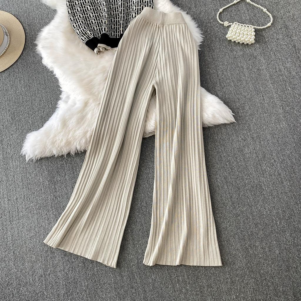 Summer Women Designer Print Knitted Sweater Trouser Two Piece Set Short Sleeve Pullover Tops and Wide Leg Pleated Pant Set