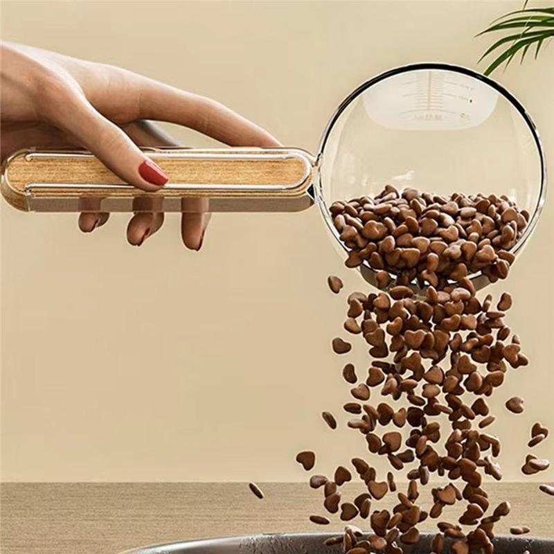 Practical-Pet Measuring Cup With Sealing Clip Design For Dog Cat Dry Or Wet Food Scoops Wood Handle Precision Scale Pet Supplies