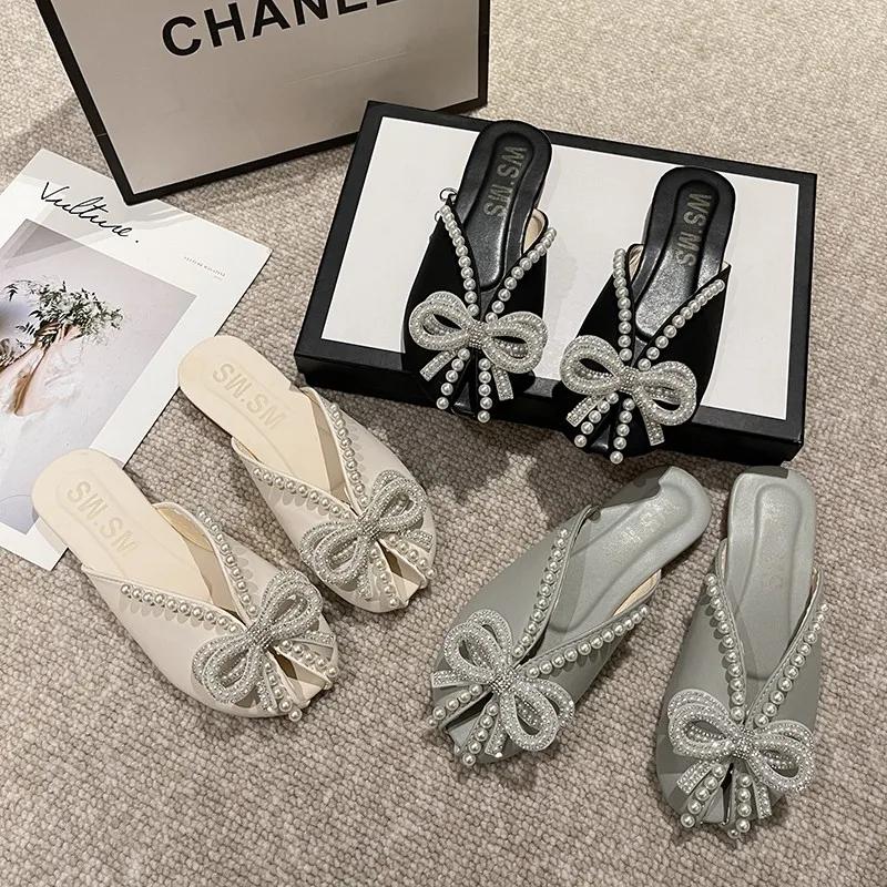 Women's Fashion Slippers Summer Fish Mouth Pearl Flat Bow Rhinestone Outer Half Baotou Sandals Comfortable Soft Sole Women Shoes