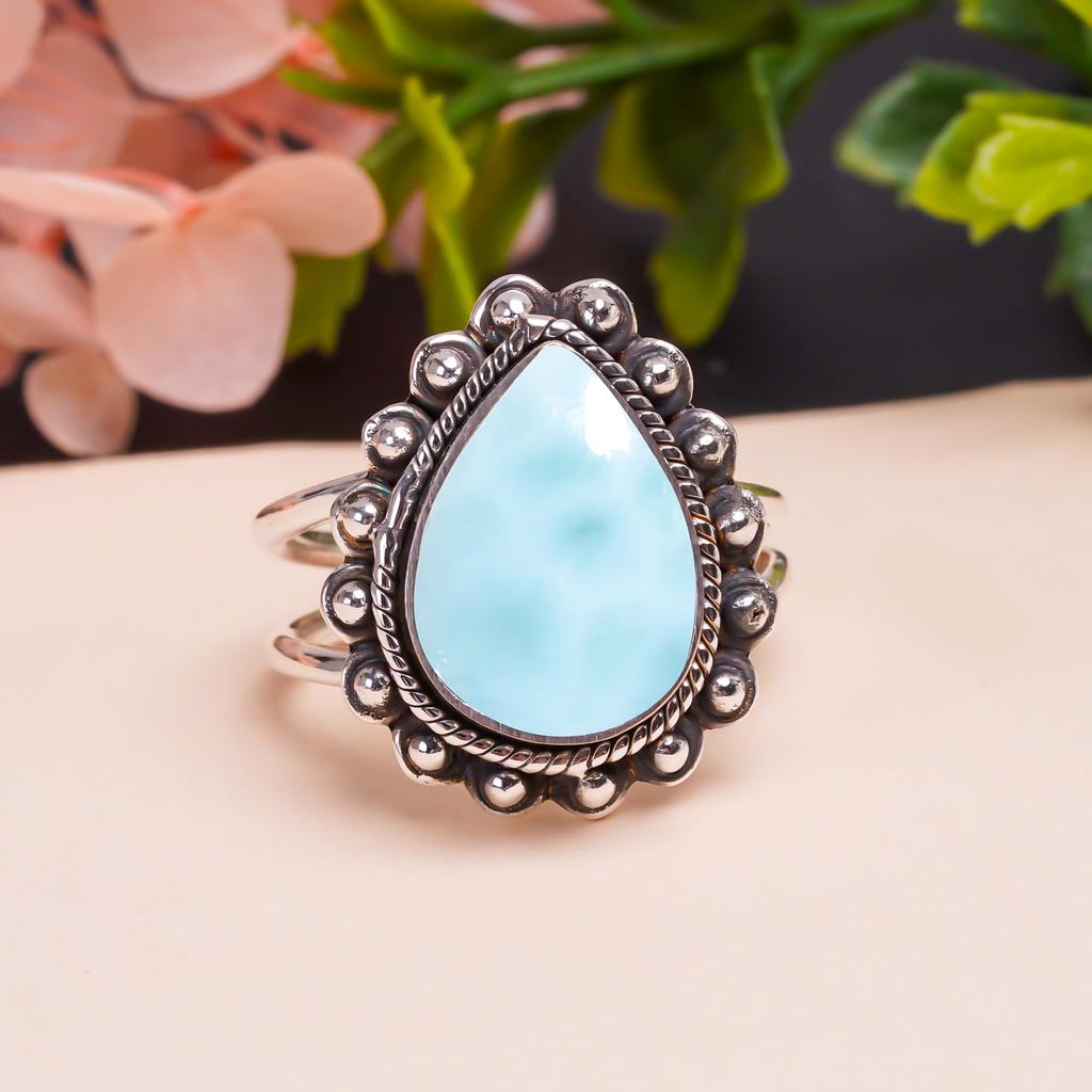 Natural Larimar / Pactolite - Dominican Republic Gemstone 925 Sterling Silver Ring V9476, Blue Ring, Pear Ring, Valentin's Day Gift, Gift For Her, Bir
