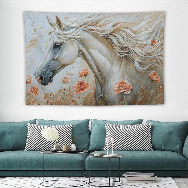 Tapestry Wall Art White Horse Flower Animal Art Gorgeous Tapestry Aesthetic Wall Deocr for Bedroom Living Room Decor for Men And