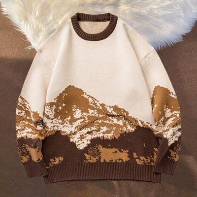 Fall Winter Men Sweater Tie-dye Snowberg Pattern Color Matching Round Neck Knitted