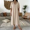 Abito estivo in cotone e lino da donna, manica corta, bottoni, colletto, midi, casual, svasato, linea ad A, ampio, da vacanza