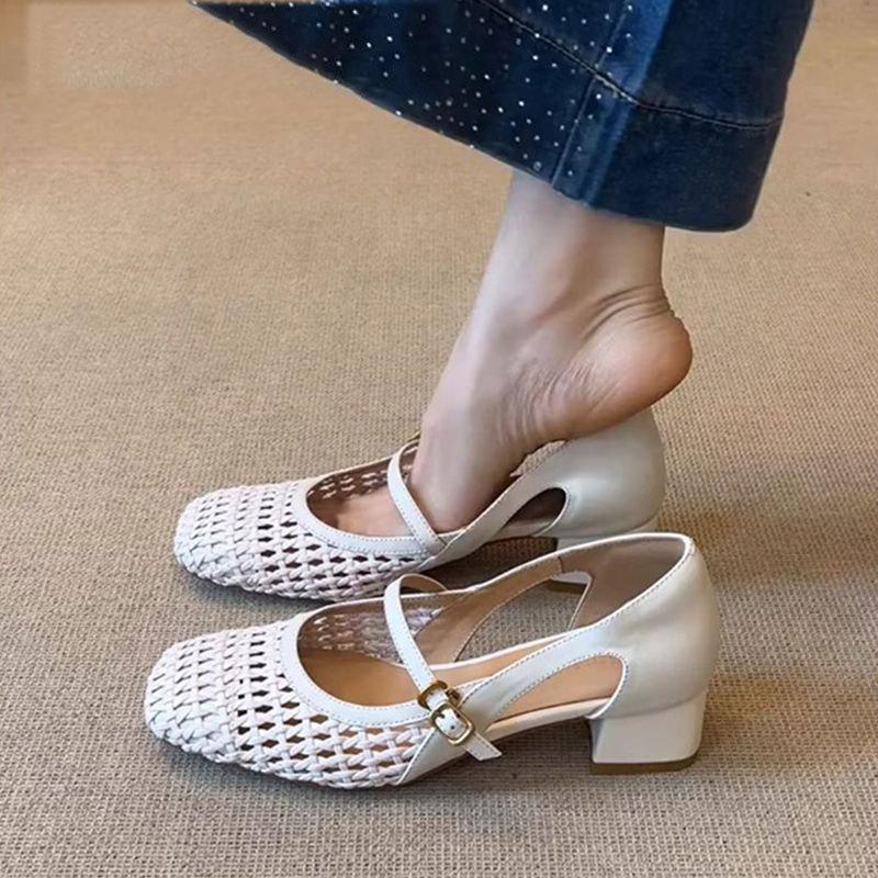 Super Soft Leather~ French Cool Single Shoes Women's Woven Hollow Hole Shoes Retro Shallow Mouth Side Hollow Breathable Mary Jane Shoes