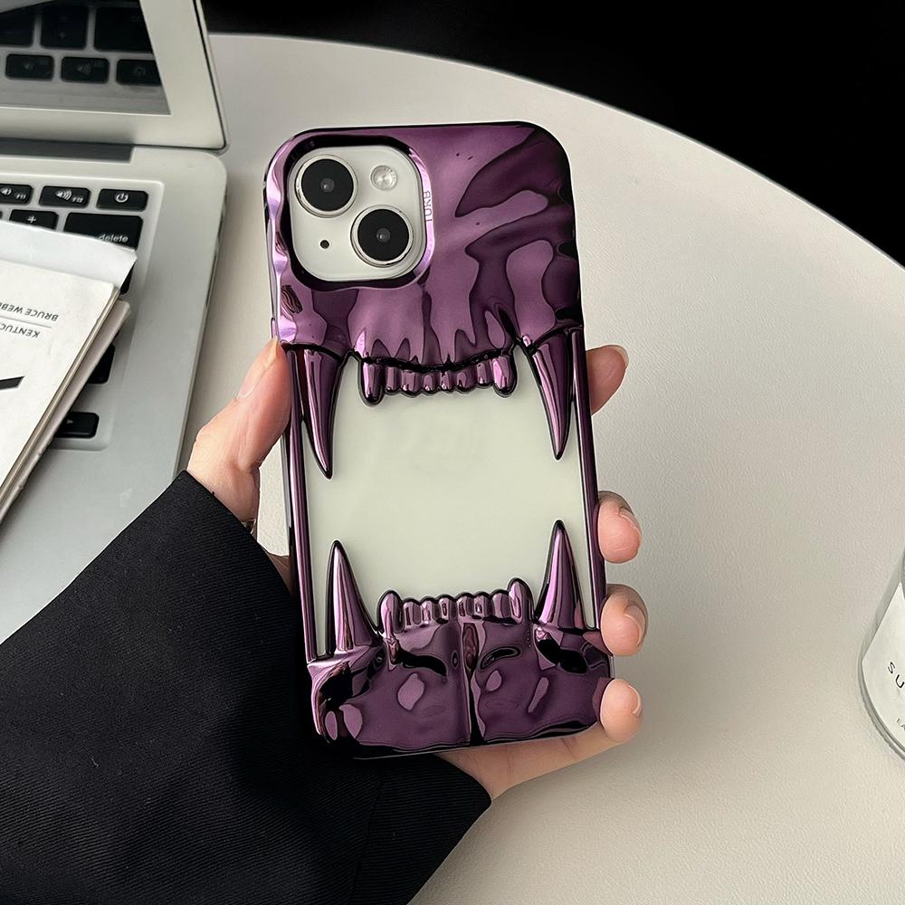 3D Canine Tooth Hollow Dissipate Heat Phone Case For iPhone 16 15 14 13 12 11 Pro Max Shockproof Electroplated Soft Cover