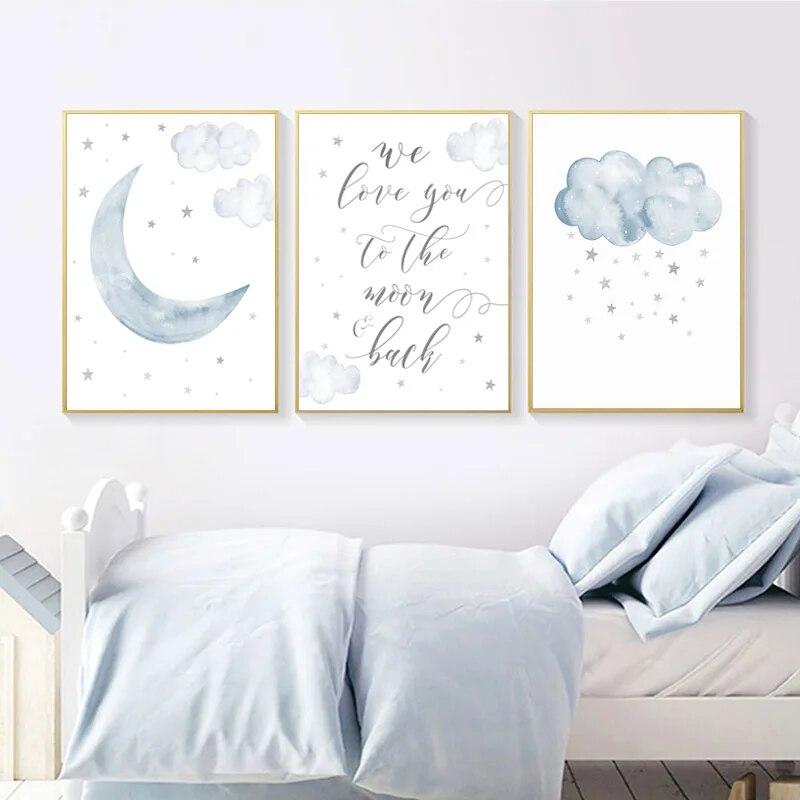 Child Poster Blue Moon Clouds Wall Art Canvas Nursery Quotes Print Nordic Kid Bedroom Decoration Picture Painting for Baby Room