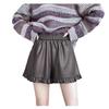 Women's Fall Winter Maillard Ruffle Trim A-Line PU Leather Shorts Petite Wide Leg Pants Mini Shorts Versatile Slim Fit Hot Pants