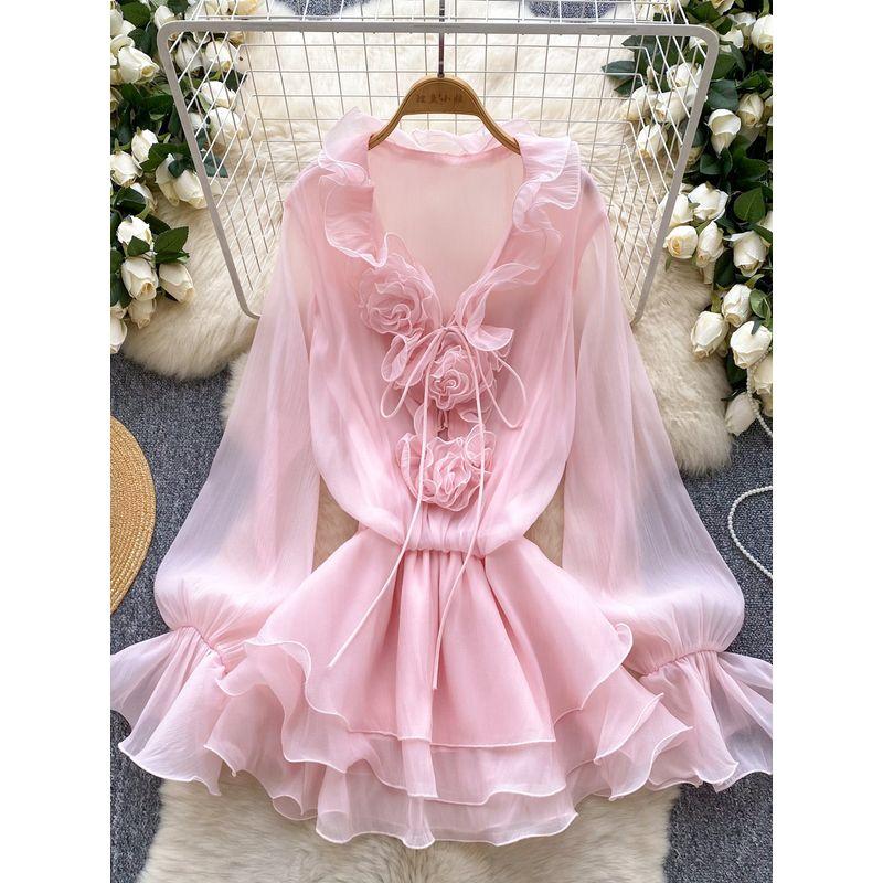 Fairy Skirts 2025 New Atmosphere V-neck Three-Dimensional Flower Lace-up Waist Hugging Frill Chiffon Dress Women