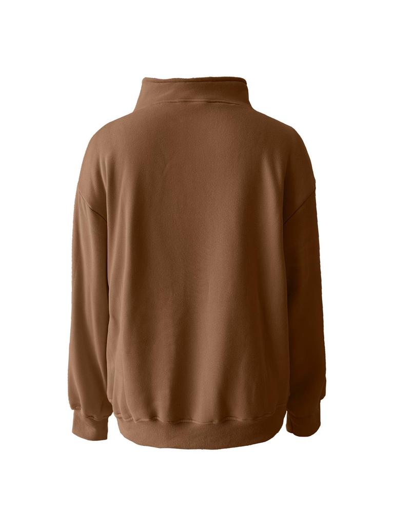 2026 Women's Stand Collar Fleece Hoodie with Pockets, Autumn-Winter Casual Loose Fit, Solid Color Ribbed Top.