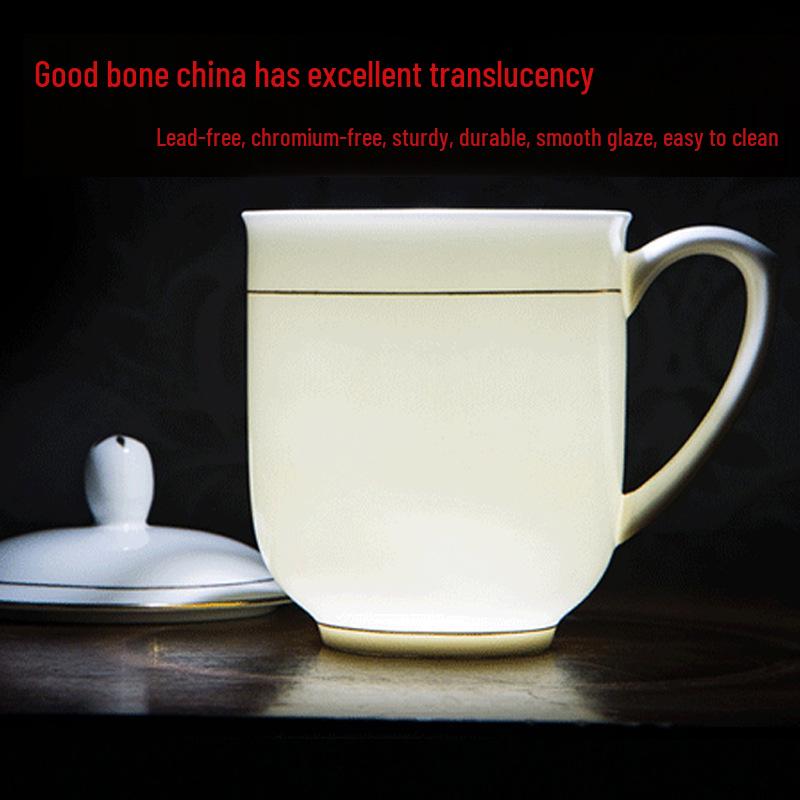 Gold Painted Jingdezhen Ceramic Cup with Lid - High Temp Bone China Tea Cup for Business Meetings and Home