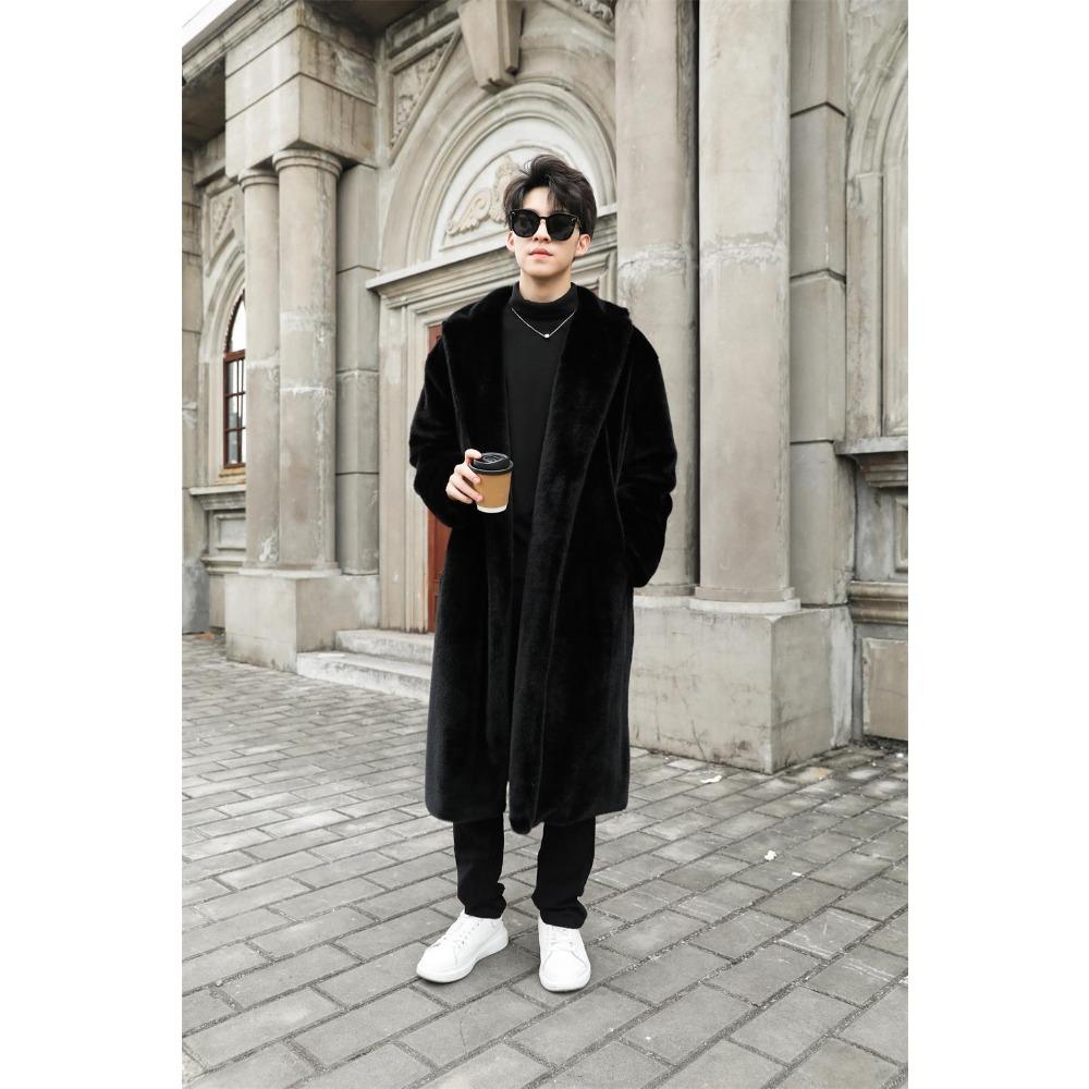 Men's Autumn and Winter Mink Fur Coat Long Knee-length Artificial Fur Coat Thick Plush Windbreaker Cotton Coat Trendy