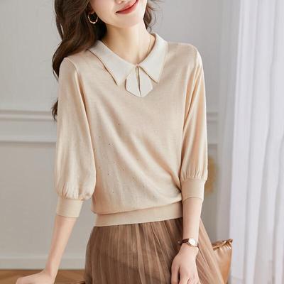 Women's Wool Blend 3/4 Sleeve Lapel Knit Top with Sequins