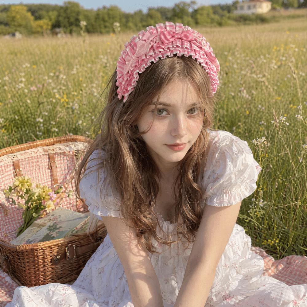 Elegant Pink Plaid Headband Imitation Pearl Lolita Hair Band Lace Bow Hair Accessory  Daily Wear