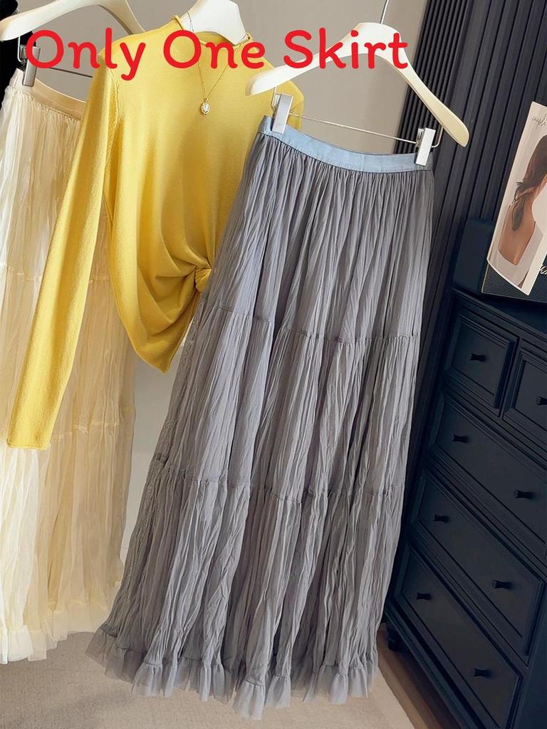 Pure Color Mesh Panel Long Skirt With Pleats For Casual Womens Fashion