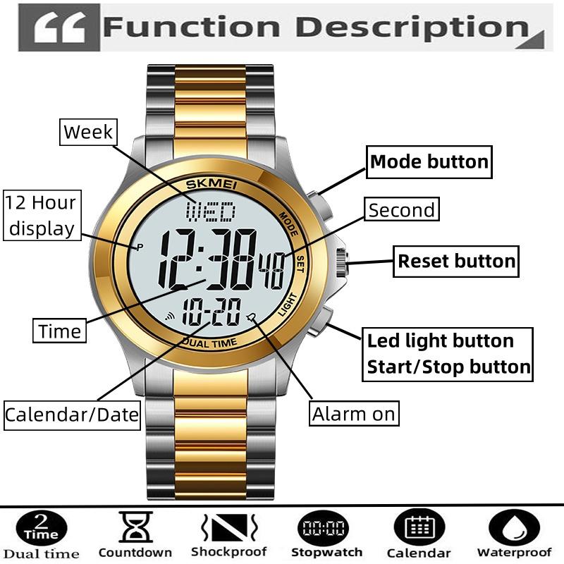 Skmei Mens Led Chronograph Bracelet Watches Luxury Stainless Steel Band 30M Waterproof Dual Time Zone Digital Sports Wristwatch