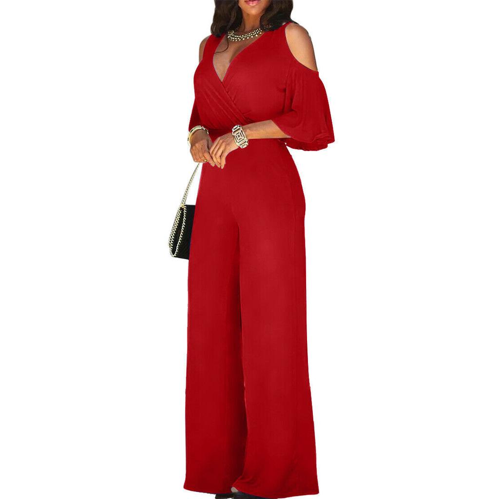 Women's V-Neck Hollow Short Sleeves Casual Long Pants Wide Leg Pants Jumpsuits