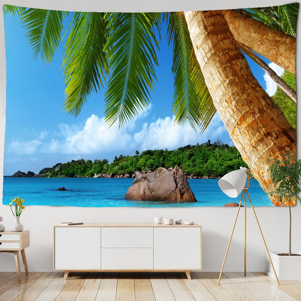 Beautiful Sea Scenery Tapestry Sea Vintage Beach Seascape Palm Tree Tapestry Wall Hanging Tapestries Boho Bedroom Wall Rug Premium Quality