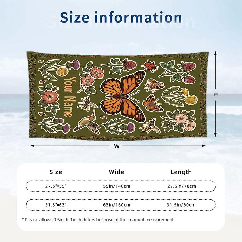 Butterflies Flowers Garden 14 Theme Quick Dry Beach Towel Custom Name Text Print Large Sand Resistant Towel Beach Vacation