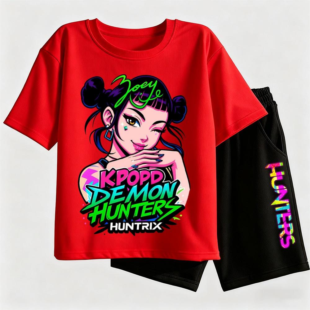 2pcs Kpop Demon Hunters Short Sleeved Shorts Set Featuring Rumi Mira Zoey Girl Group Magical Warrior Fan Tops