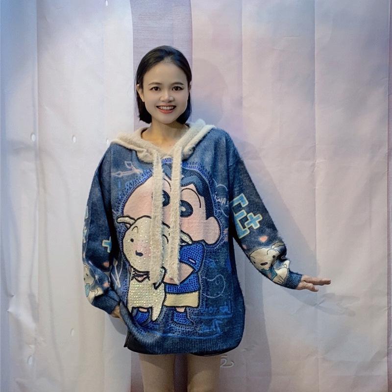 European Plus Size Crayon Shin-chan Print Hooded Sweater - Autumn 2024