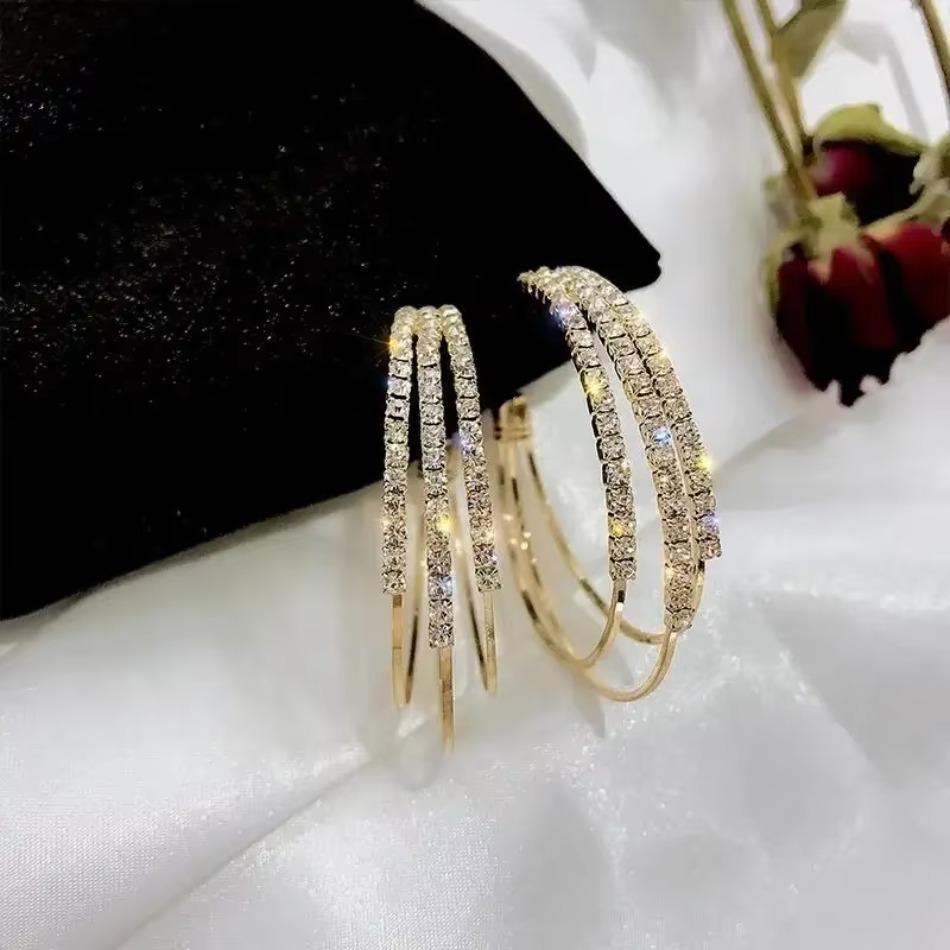 1 Pcs Fashion Jewelry Accessories Women Exaggerated Rhinestone Sparkling Round Hoop Earrings Large Round Earrings