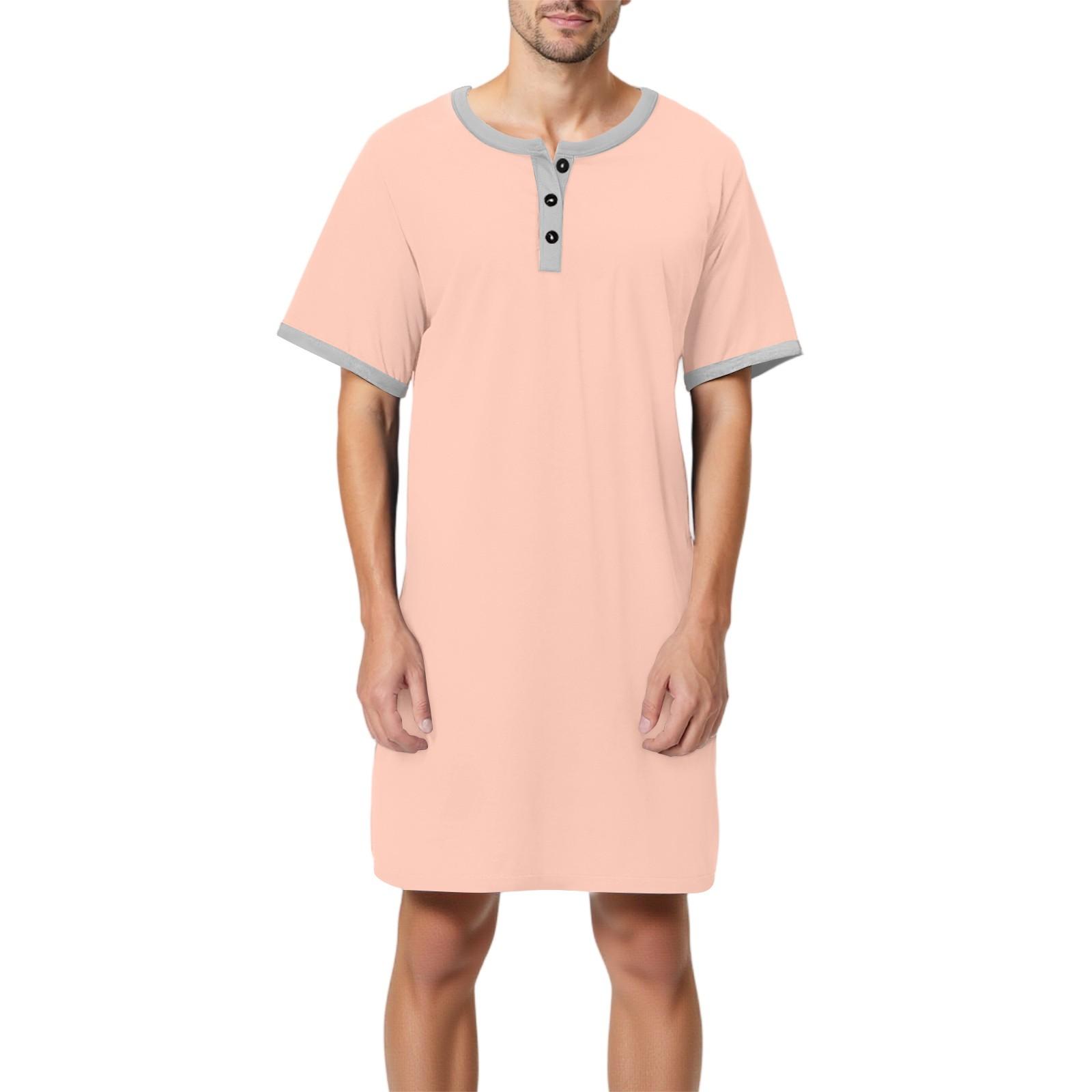 

Мужская однотонная хлопковая пижама с коротким рукавом, рубашка на пуговицах с отложным воротником, длинная свободная пижама, домашняя одежда XL розовый