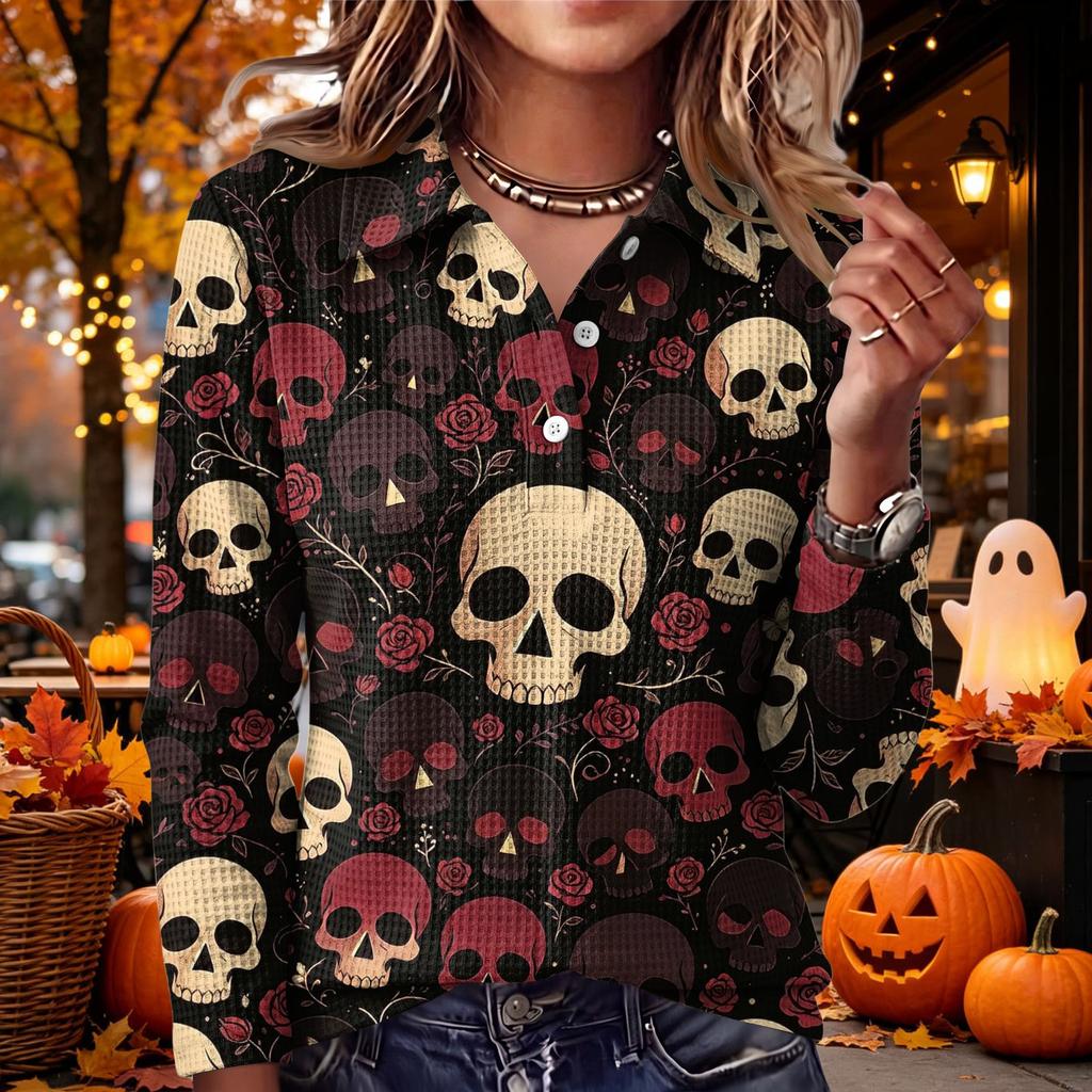 Women's Casual Long Sleeve Halloween Print Knit Top with Lapel Collar, Trendy Fall Outfit