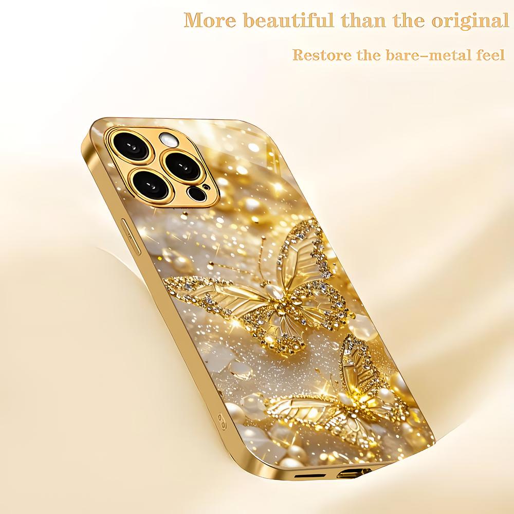 Golden Butterfly Design Electroplated Glass Phone Case Suitable for iPhone17 16 15 14 13 12 11Pro/Max/Plus Shockproof Back Cover