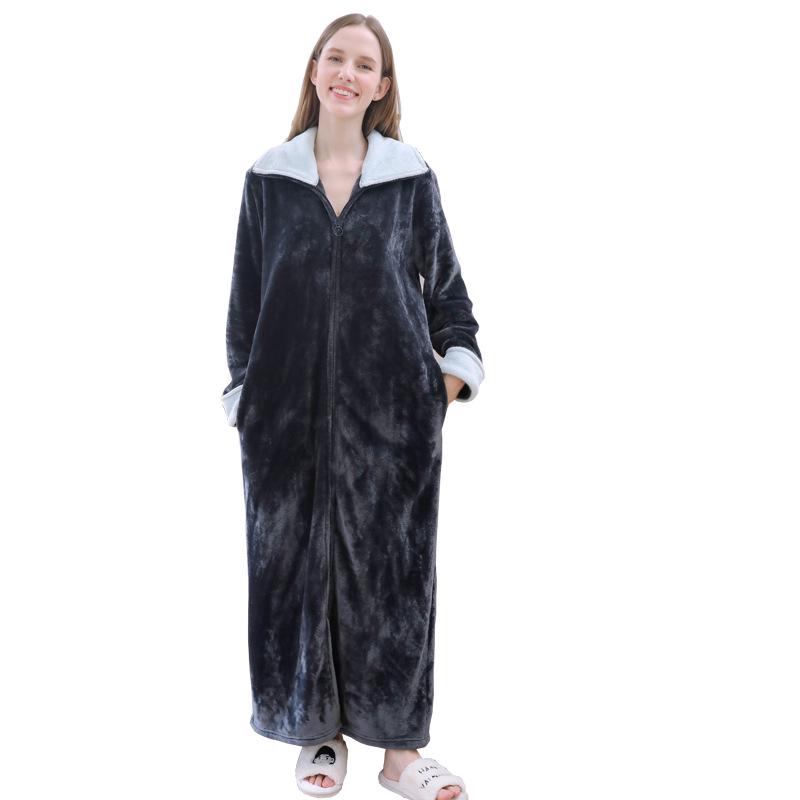 Women's Plus Size Long Nightgown - Double Zipper, Autumn/Winter Pajamas, Home Wear Robe