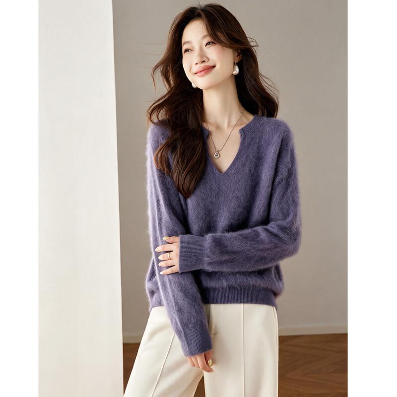 Damen Oversize V-Ausschnitt Kaschmir-Mischung Strickpullover