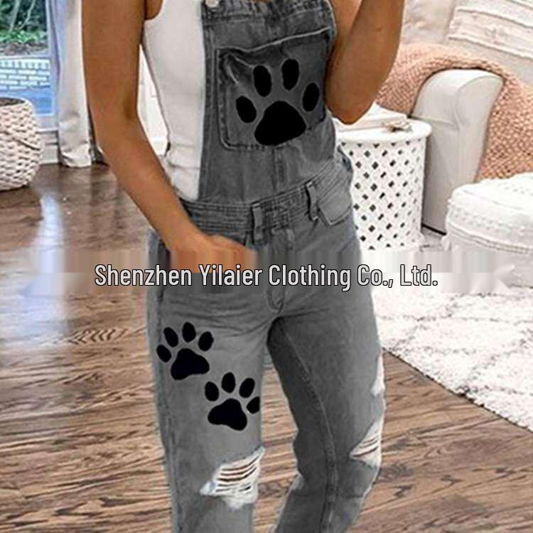Hochwertiger bedruckter Damen-Latzhose mit Rissen, geradem Bein - Europäischer & Amerikanischer Stil