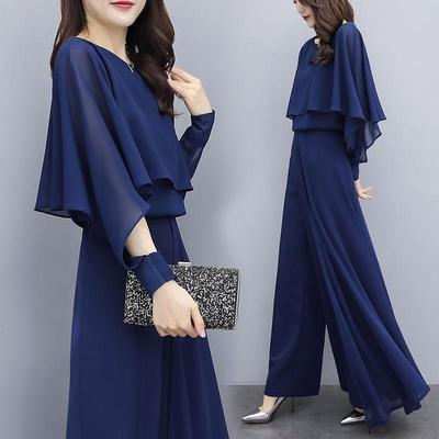 Zweiteilige Chiffon-Hose, große Größe, Altersreduzierung und Dünnheit, drapierter Hosenanzug mit weitem Bein, eleganter und temperamentvoller Stoff, leicht und atmungsaktiv