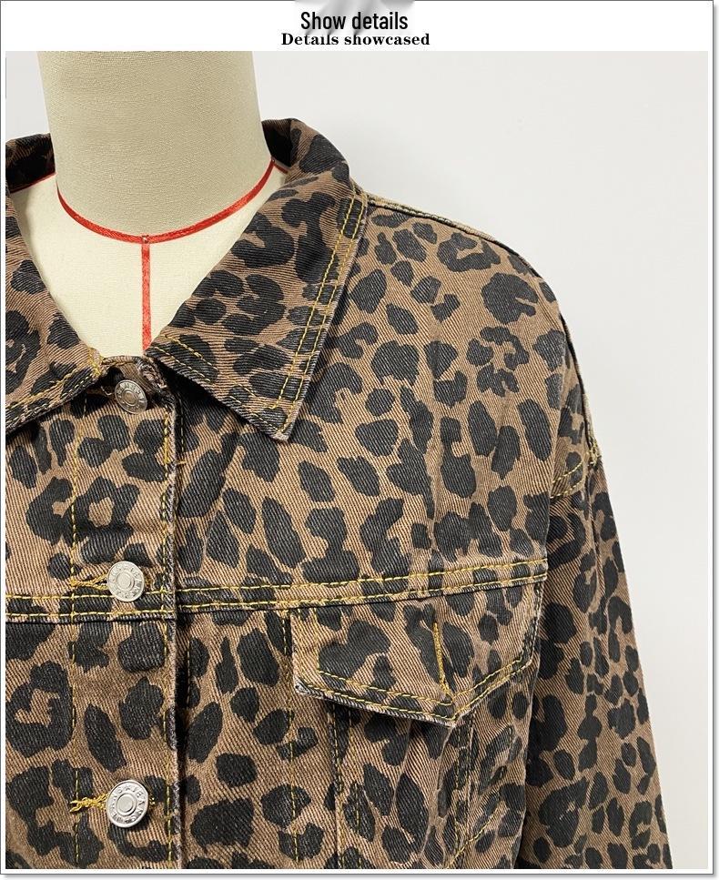 Leopard Print Long Sleeve Denim Short Jacket 2024