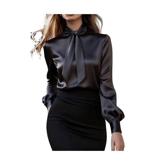 Women Shirt Stand Collar Lace-up Long Sleeve Satin Texture Shirt Solid Color Regular Fit Office Lady Shirt Spring Autumn Casual Tops